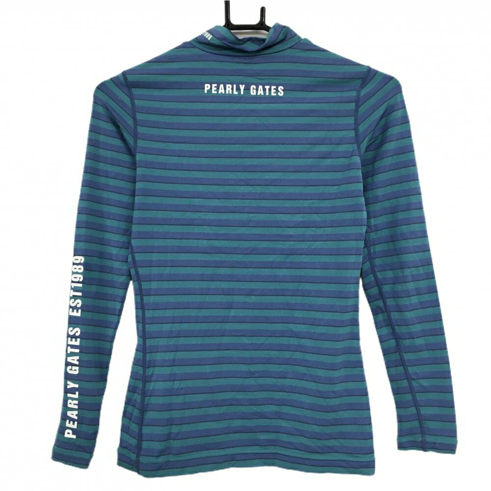 【美品】パーリーゲイツ ハイネックインナーシャツ グリーン×ネイビー ボーダー ロゴプリント レディース 0(S) ゴルフウェア PEARLY GATES