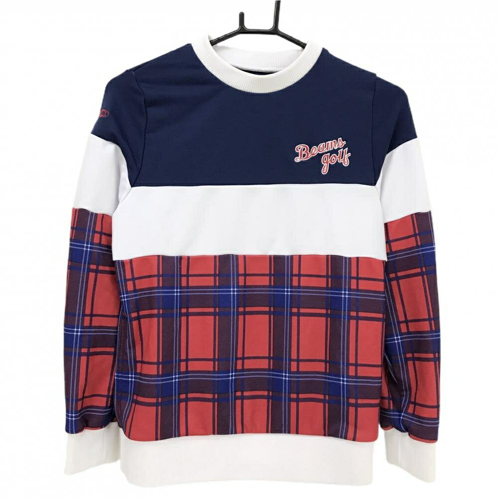 ビームスゴルフ トレーナー ネイビー×レッド 一部チェック ロゴ刺しゅう レディース M ゴルフウェア BEAMS GOLF