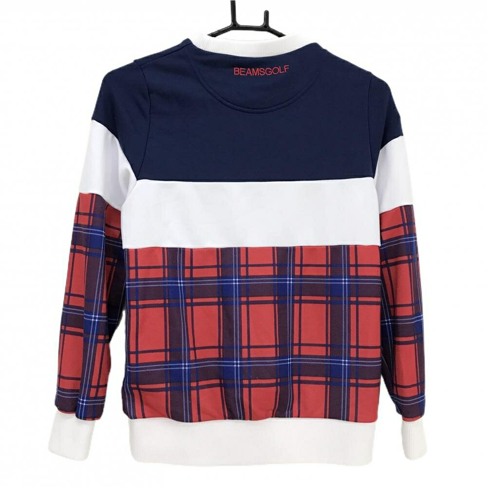 ビームスゴルフ トレーナー ネイビー×レッド 一部チェック ロゴ刺しゅう レディース M ゴルフウェア BEAMS GOLF