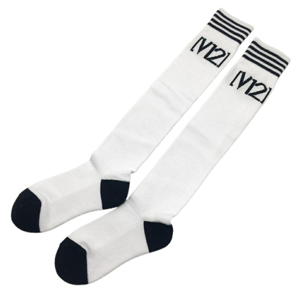 【未使用品】V12 ハイソックス 白×黒 ロゴ 一部ボーダー レディース ゴルフウェア V12