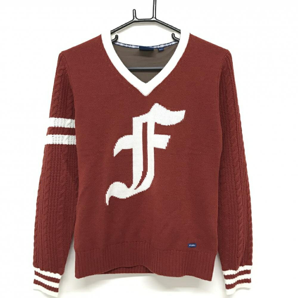 【美品】フィドラ セーター レッド×白 袖ケーブル編み ウール混 裏地付 ニット レディース M/M ゴルフウェア FIDRA
