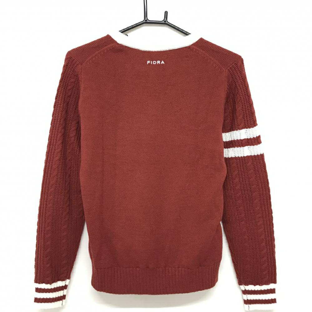 【美品】フィドラ セーター レッド×白 袖ケーブル編み ウール混 裏地付 ニット レディース M/M ゴルフウェア FIDRA