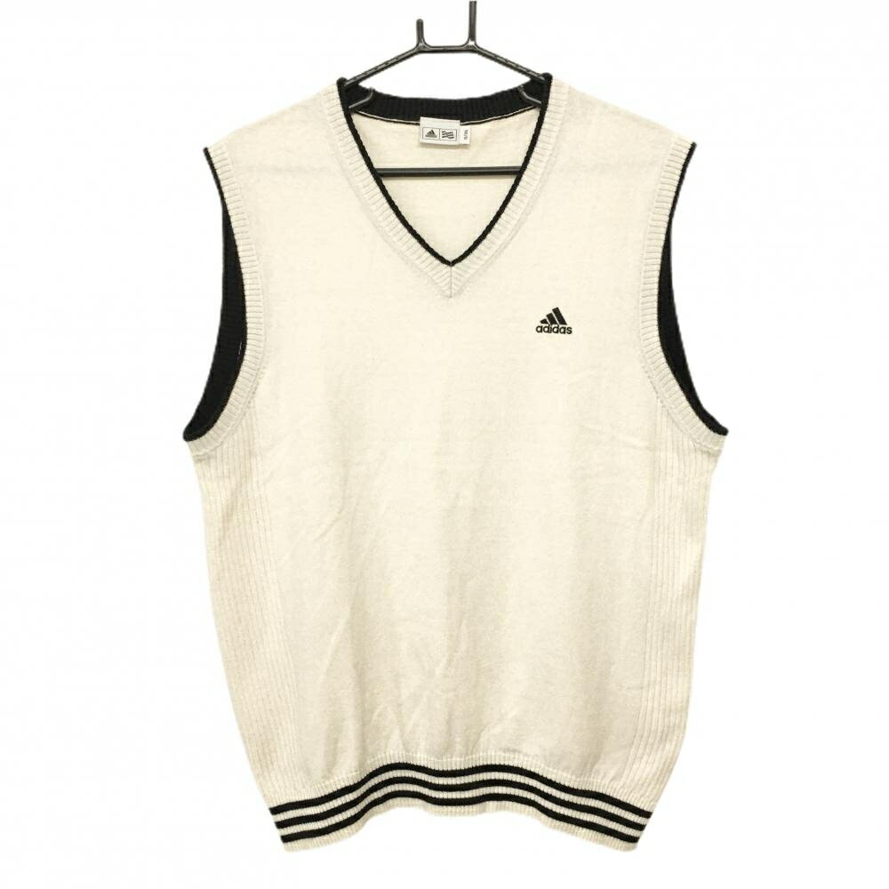 アディダス ニットベスト 白×黒 ロゴ刺しゅう Vネック ウール混 メンズ O/XG ゴルフウェア adidas