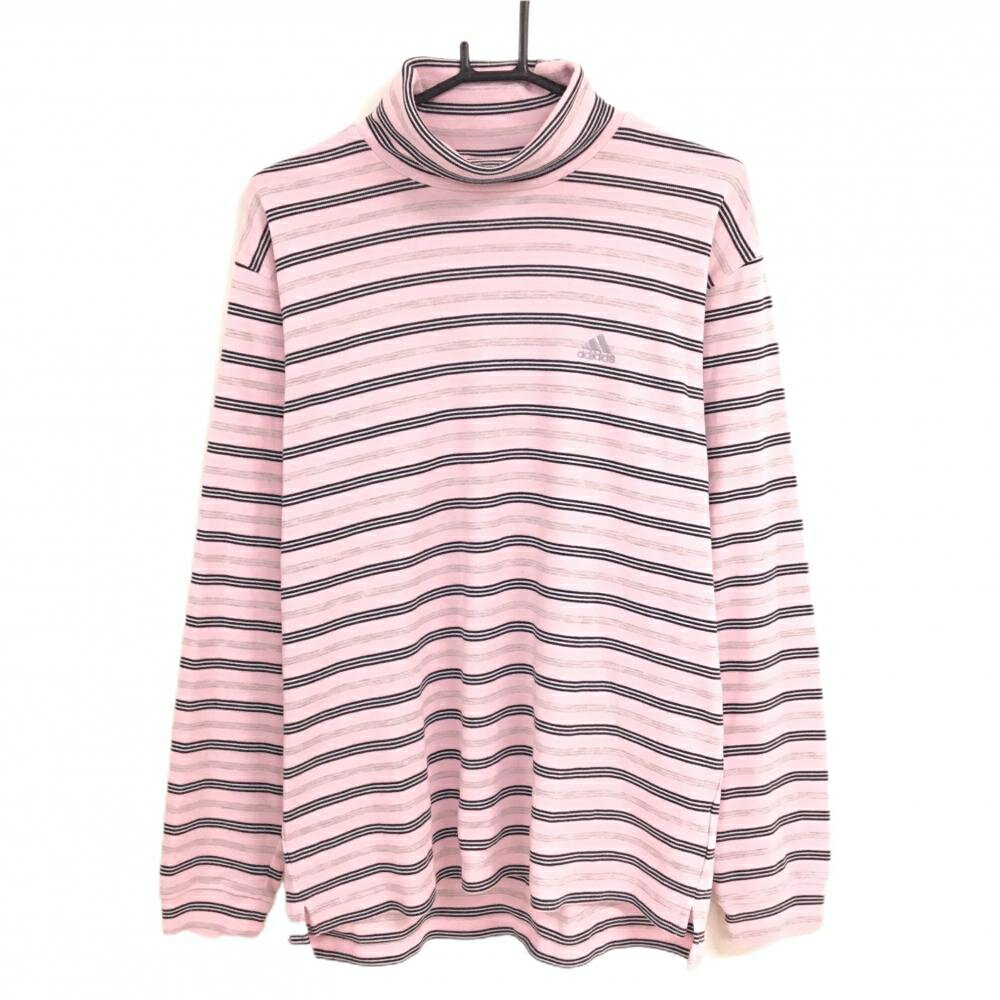 アディダス 長袖タートルネックシャツ ピンク×黒 ボーダー ロゴ刺しゅう メンズ XL ゴルフウェア adidas