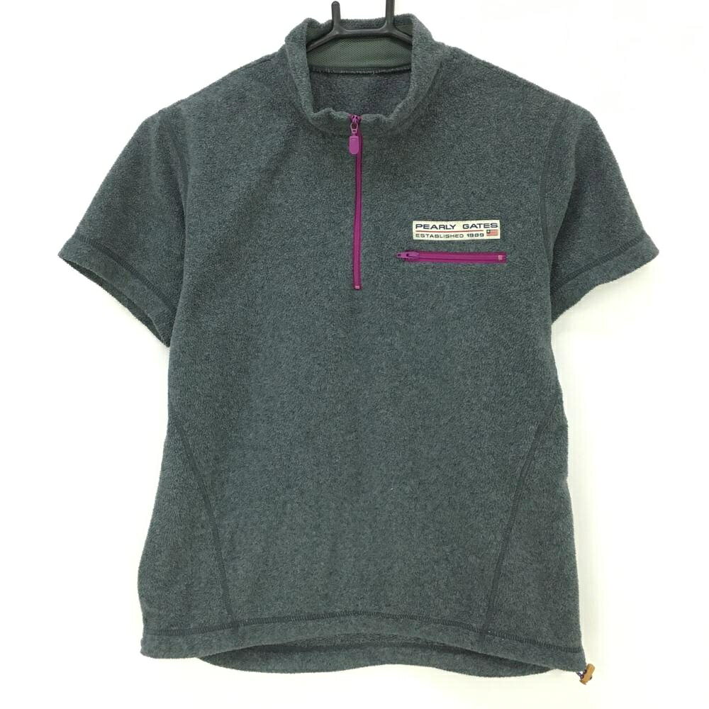 PEARLY GATES - パーリーゲイツ 半袖ハイネックシャツ グレー系×パープル 起毛 ハーフジップ 胸ロゴ レディース 1(M) ゴルフウェア PEARLY GATES