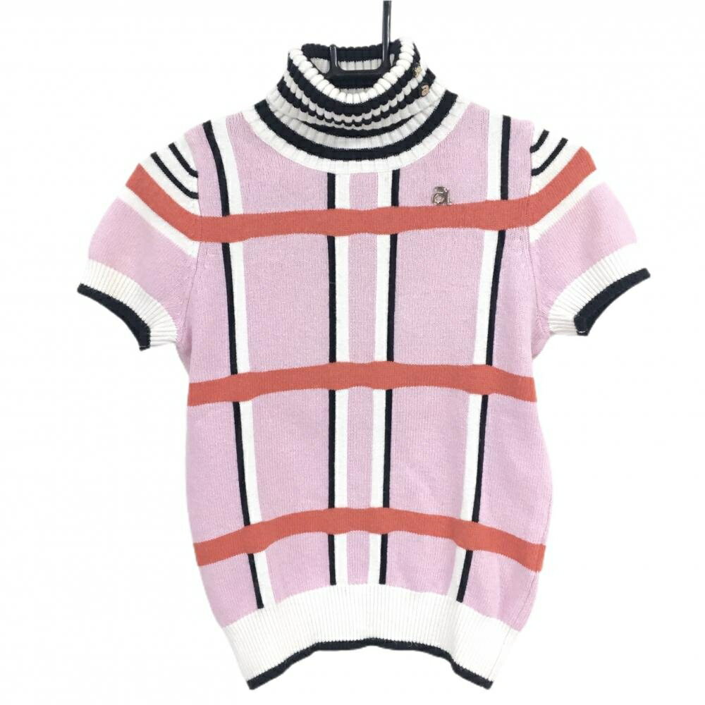 アルチビオ 半袖タートルネックセーター ピンク×白×黒 チェック ウール混 レディース 38(M) ゴルフウェア archivio