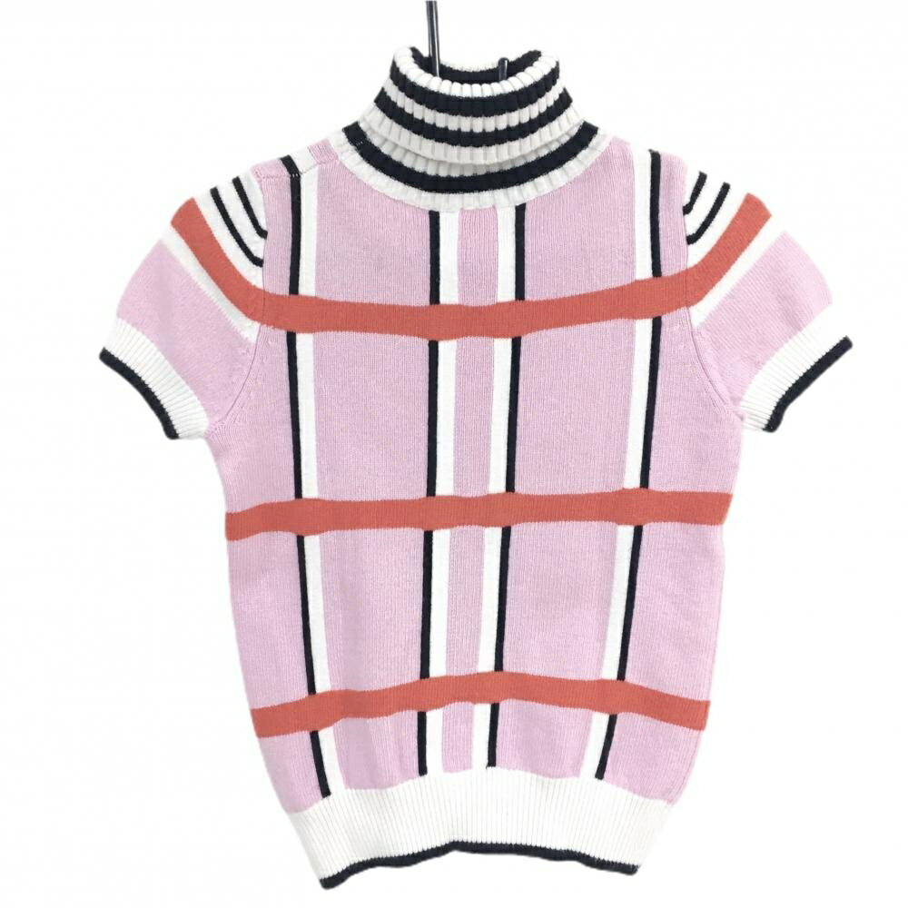 アルチビオ 半袖タートルネックセーター ピンク×白×黒 チェック ウール混 レディース 38(M) ゴルフウェア archivio