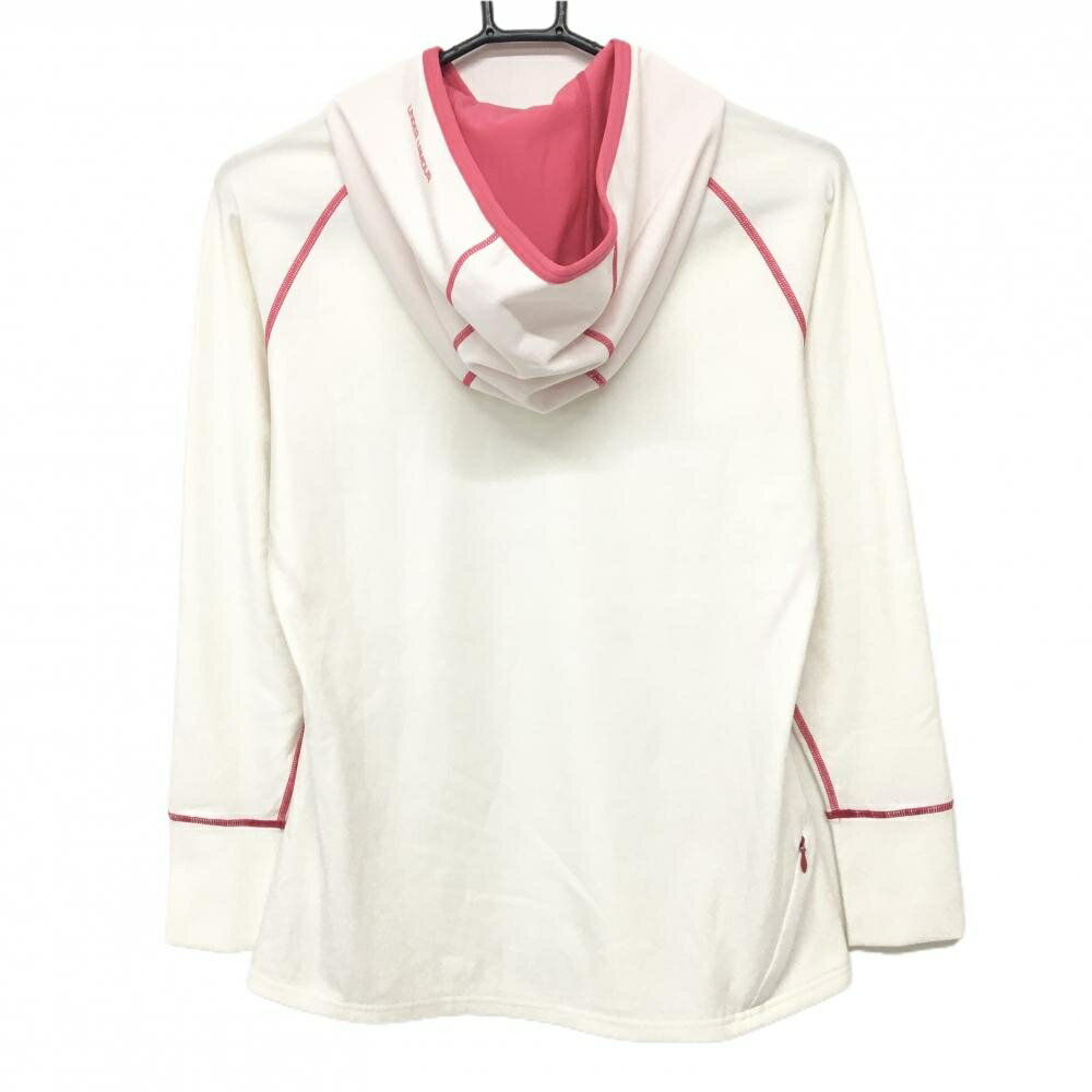 【超美品】アンダーアーマー フード付長袖Tシャツ 白×ピンク ステッチ 裏微起毛 レディース LG ゴルフウェア UNDER ARMOUR