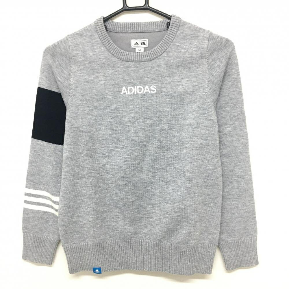 ADIDAS - アディダス セーター グレー×黒 ロゴ刺しゅう 袖3ライン ウール混 レディース S/P ゴルフウェア adidas
