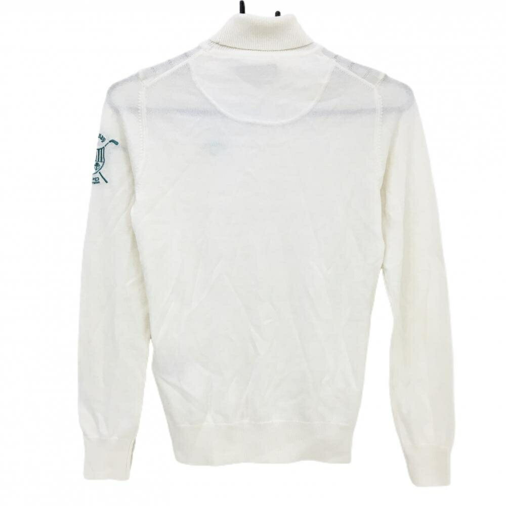 【美品】キャロウェイ タートルネックセーター 白 ストライプ織生地 ロゴグリーン ウール混 ニット レディース S ゴルフウェア Callaway