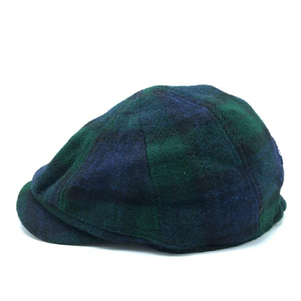 【美品】ビームスゴルフ ハンチング帽 ネイビー×グリーン チェック ウール100% 57cm-59cm ゴルフウェア BEAMS GOLF