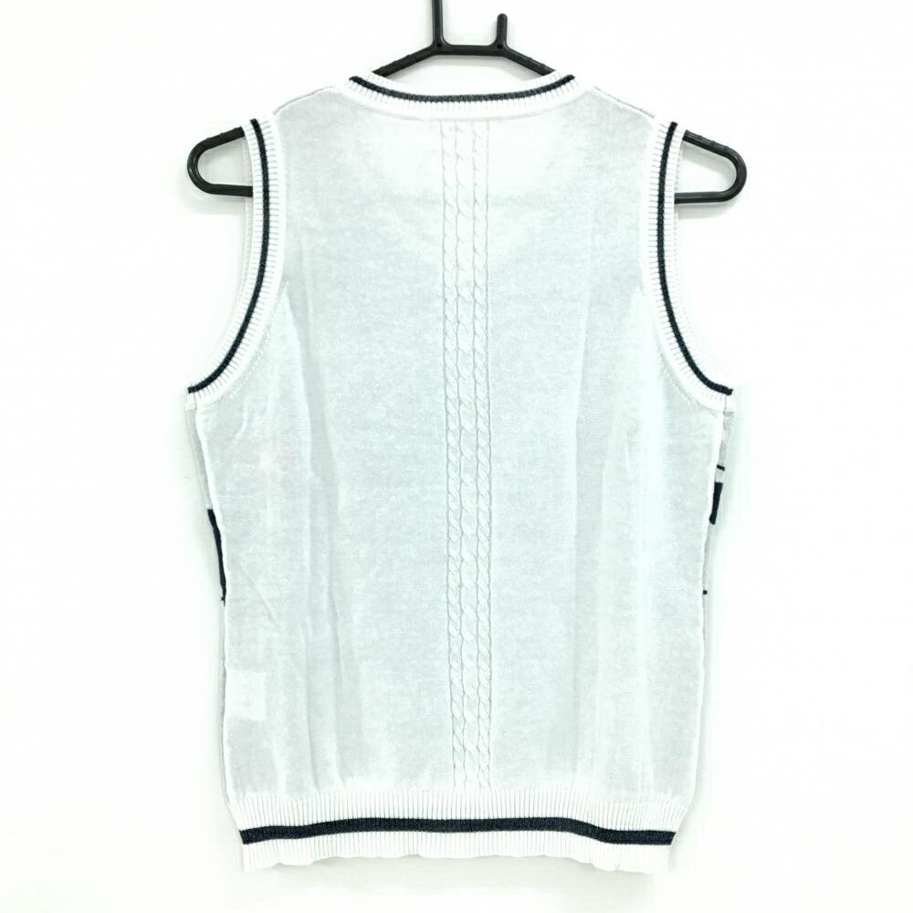 【美品】MUスポーツ ニットベスト 白×ネイビー フロントロゴ 綿100％ Vネック レディース 40(M) ゴルフウェア M・U SPORTS