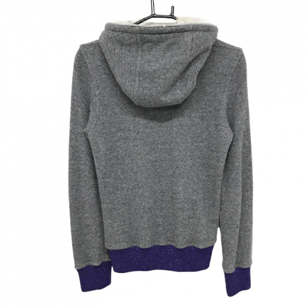 【超美品】マークアンドロナ ニットジップパーカー グレー×パープル フード裏起毛 ラメ ウール混 レディース S ゴルフウェア MARK＆LONA