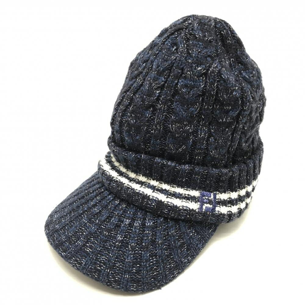 【美品】フットジョイ つば付きニット帽 ネイビー×白 ラメ ライン 裏地ニット レディース フリーサイズ(55-57cm) ゴルフウェア FootJoy