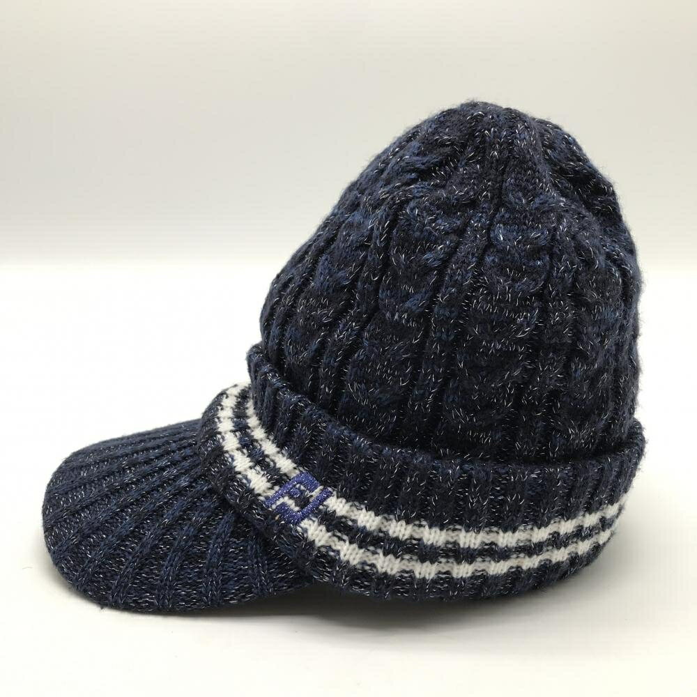 【美品】フットジョイ つば付きニット帽 ネイビー×白 ラメ ライン 裏地ニット レディース フリーサイズ(55-57cm) ゴルフウェア FootJoy