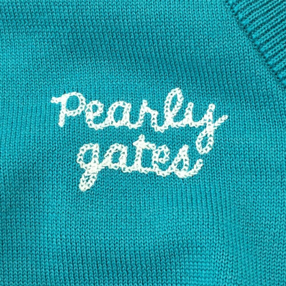 【新品】パーリーゲイツ ニットベスト ブルーグリーン 裾ライン ウール100％ Vネック レディース 2(L) ゴルフウェア PEARLY GATES