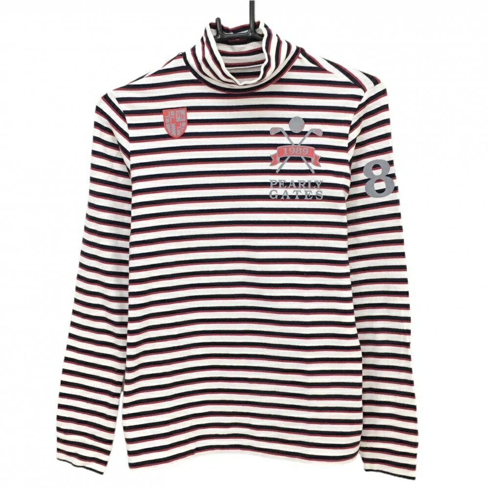 PEARLY GATES - パーリーゲイツ 長袖ハイネックシャツ 白×黒×レッド ボーダー レディース 1(M) ゴルフウェア PEARLY GATES