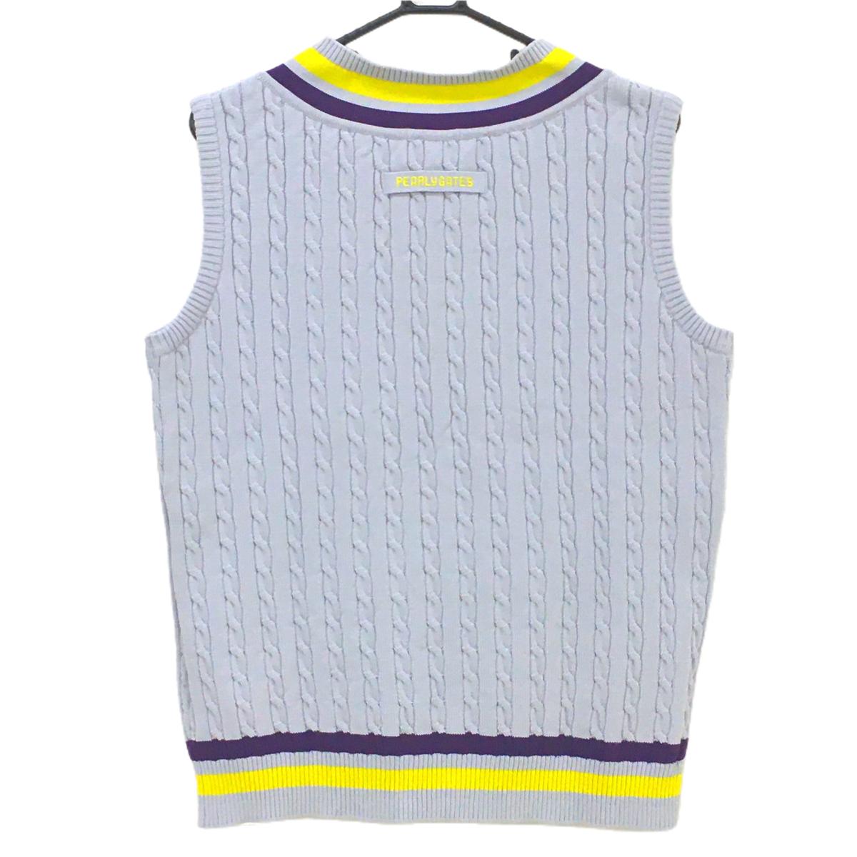 【美品】パーリーゲイツ ニットベスト ライトグレー×イエロー Vネック ケーブル編み メンズ 5(L) ゴルフウェア PEARLY GATES