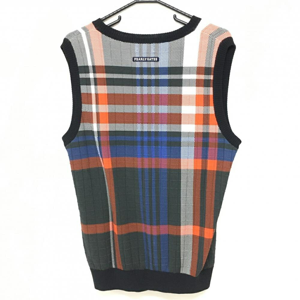 【美品】パーリーゲイツ ニットベスト 黒系×レッド×ブルー チェック Vネック コットン100％ メンズ 5(L) ゴルフウェア PEARLY GATES