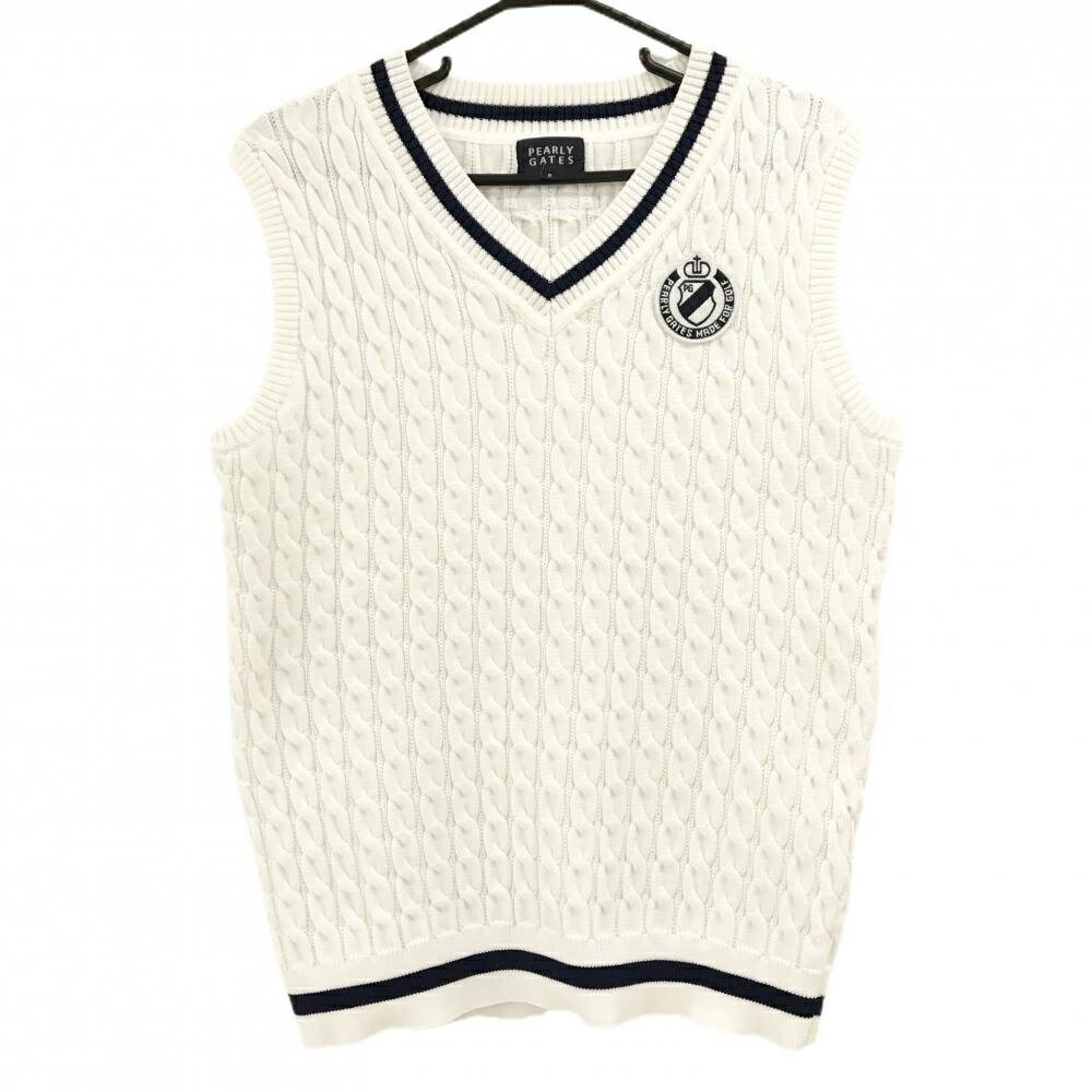 【超美品】パーリーゲイツ ニットベスト 白×ネイビー Vネック ケーブル編み メンズ 6(XL) ゴルフウェア PEARLY GATES
