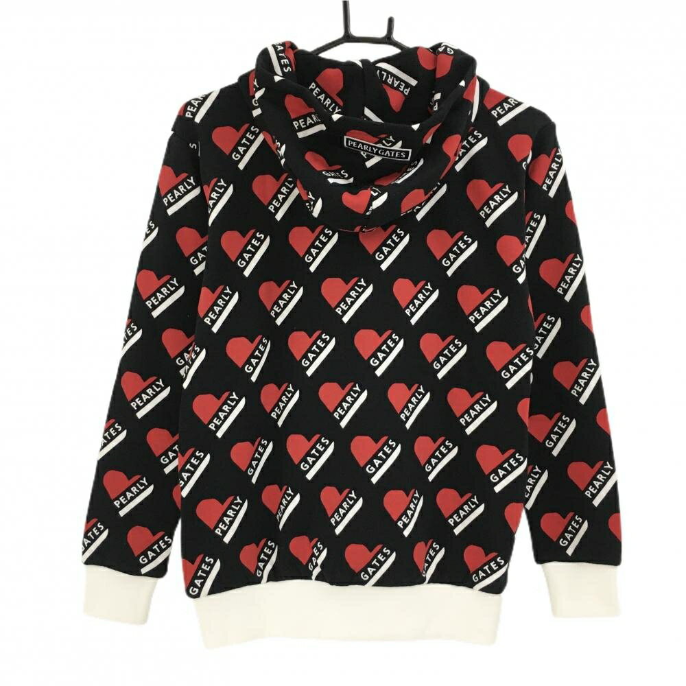 【新品】パーリーゲイツ ジップパーカー 黒×レッド×白 ハートロゴ総柄 スウェット レディース 0(S) ゴルフウェア PEARLY GATES