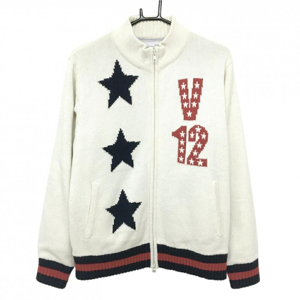 V12 ニットジャケット 白×ネイビー×レッド 星 ラムウール混 裏地付 メンズ M/M ゴルフウェア V12