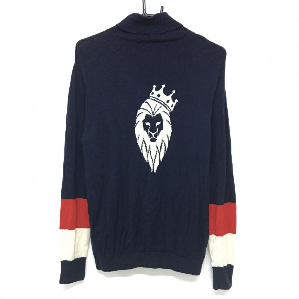 V12 タートルネックセーター ネイビー×白 フロントロゴ 背面星 ウール100％ ニット メンズ M ゴルフウェア V12