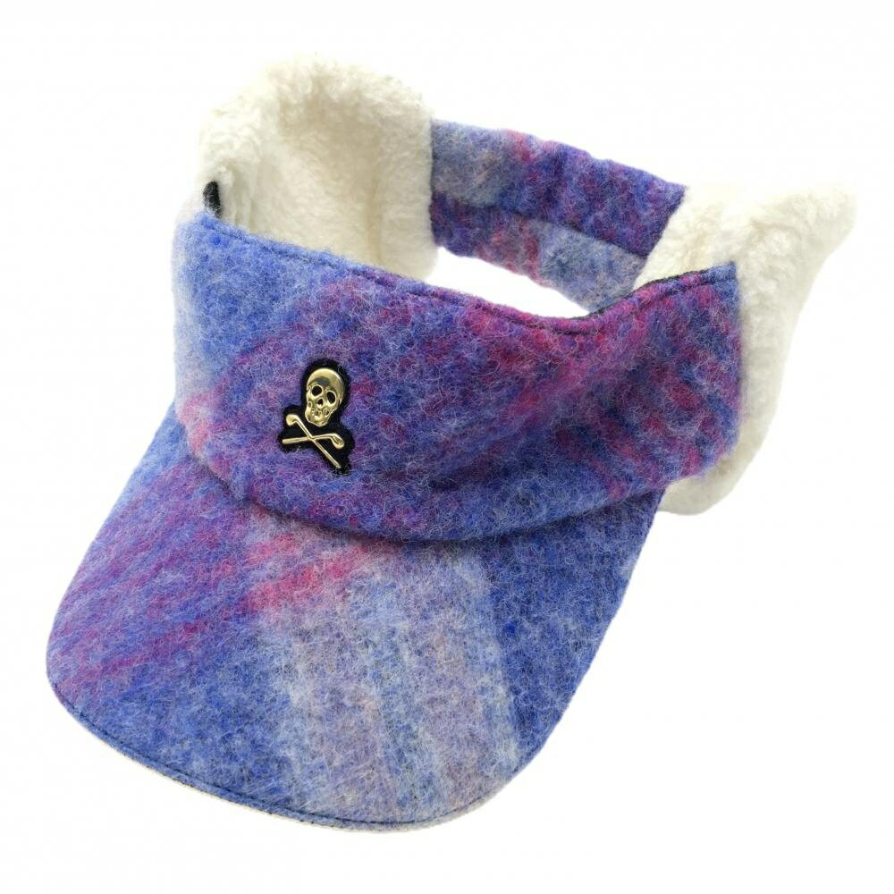 【美品】マークアンドロナ 耳当て付サンバイザー ブルー系×ピンク系×白 スカル レディース ゴルフウェア MARK＆LONA