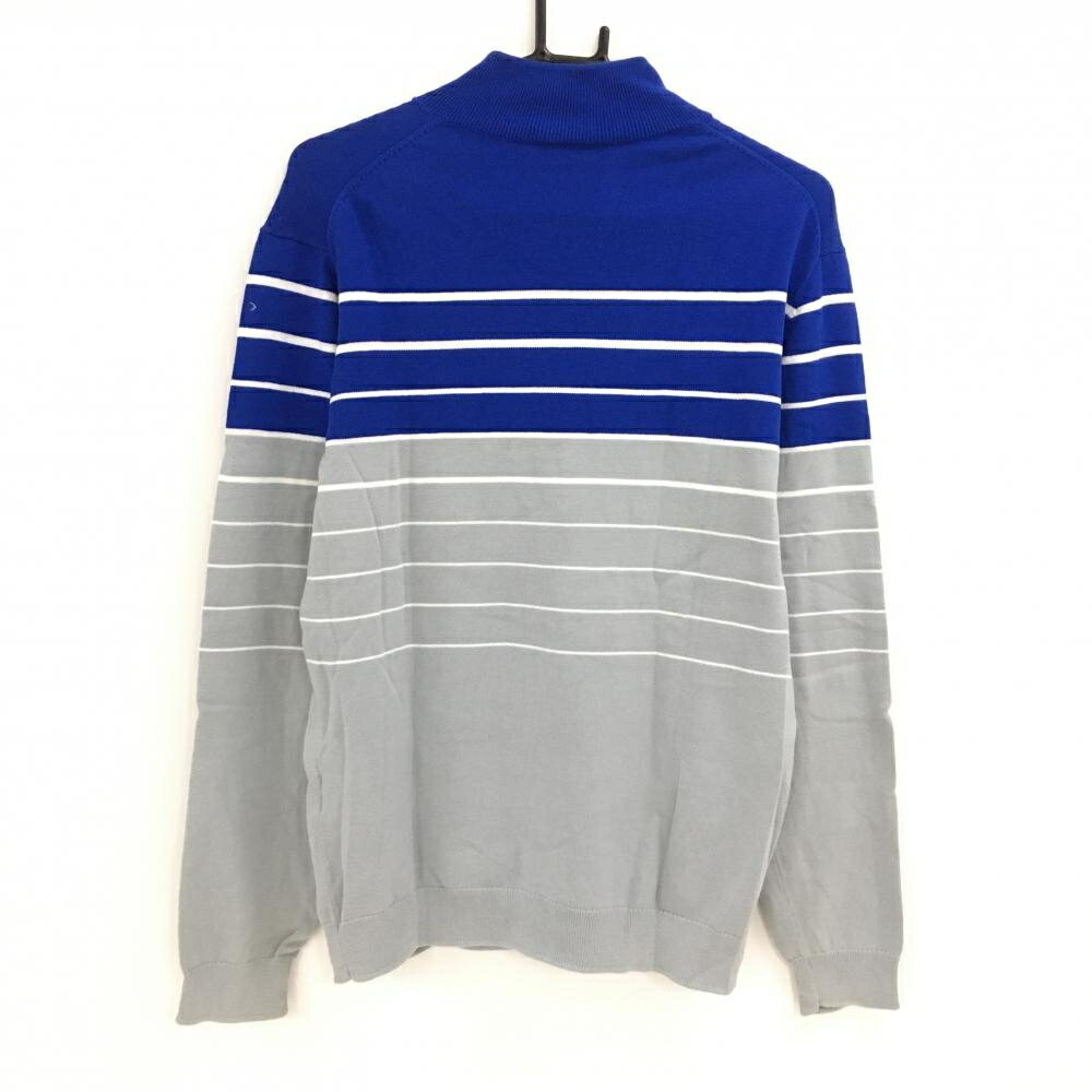 プーマ ハイネックセーター ブルー×グレー 上部ボーダー ハーフジップ コットン100％ ニット メンズ M ゴルフウェア PUMA