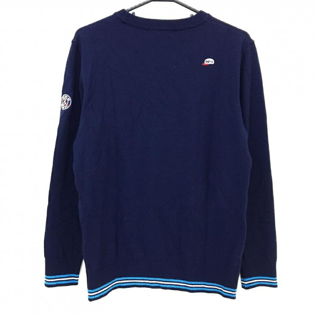 【美品】アンパスィ セーター ネイビー×ライトブルー フロントロゴ ウール混 ニット メンズ M ゴルフウェア and per se