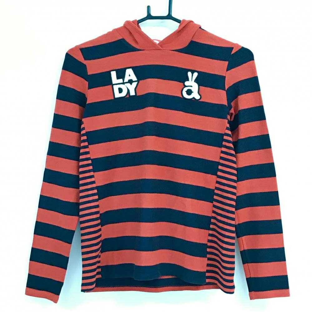 Untitled Sport - 【美品】アルチビオ フード付長袖シャツ レッド系×ダークネイビー ボーダー 微起毛 フロントロゴ レディース 40(L) ゴルフウェア archivio