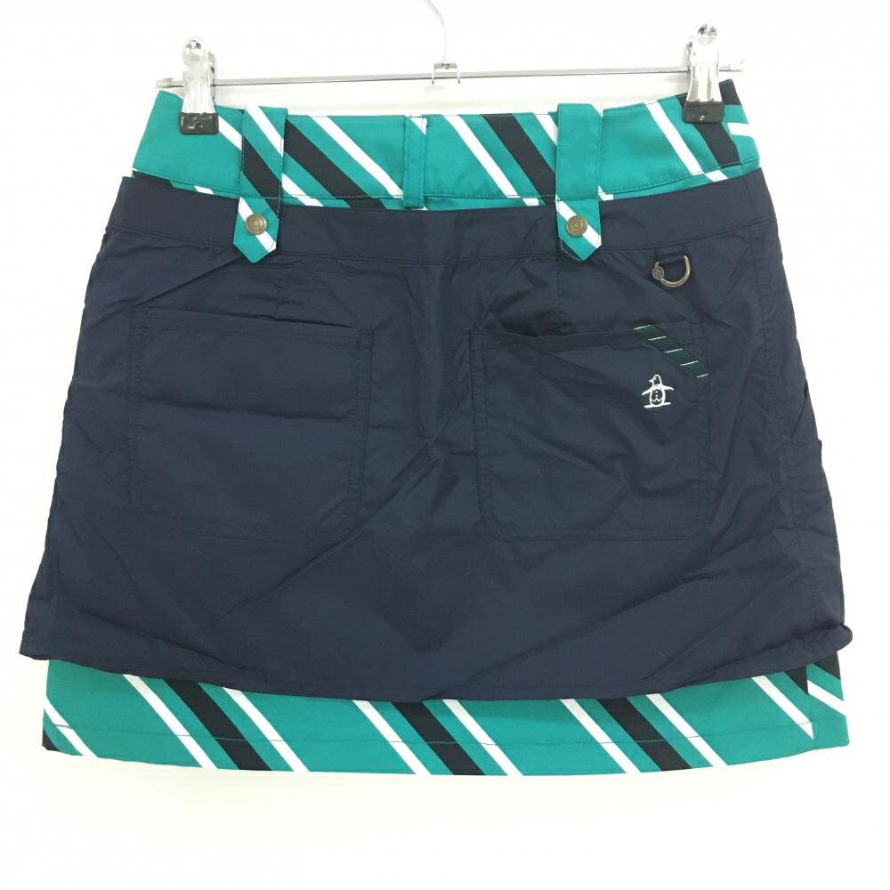 【美品】マンシングウェア 2WAYスカート グリーン×白×ネイビー 斜めストライプ 前面プリーツ レディース 7 ゴルフウェア Munsingwear