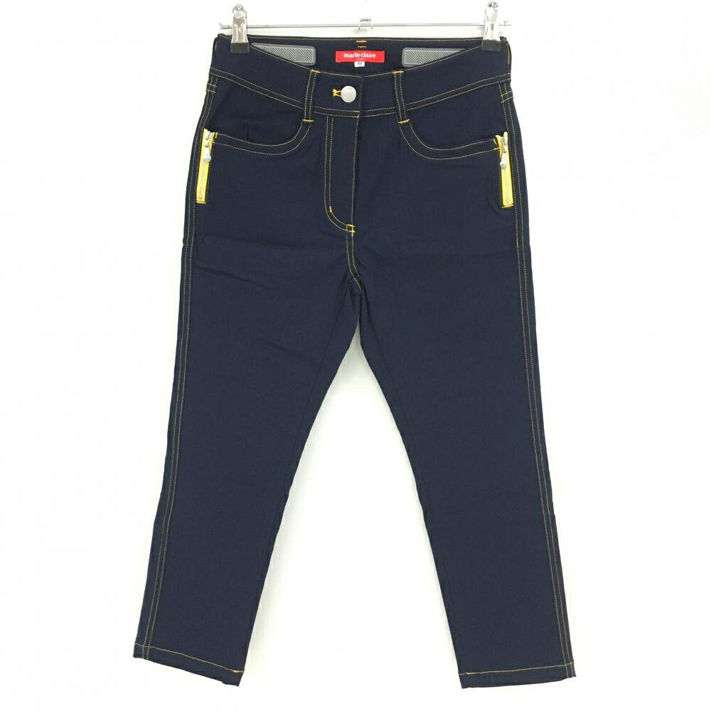 【新品】マリクレールスポール 半端丈パンツ ネイビー ステッチイエロー UVカット ストレッチ レディース M ゴルフウェア marie claire