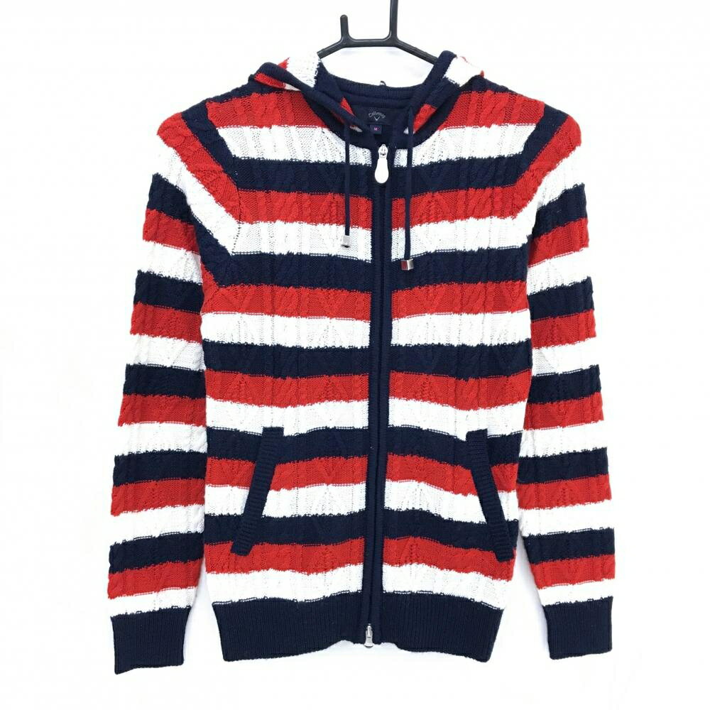 【超美品】キャロウェイ ニットパーカー ネイビー×レッド×白 ボーダー ジャケット レディース M ゴルフウェア Callaway
