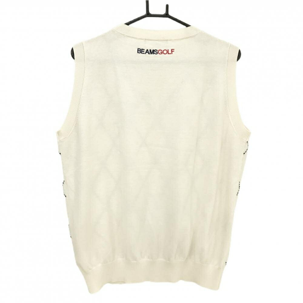 【超美品】ビームスゴルフ ニットベスト アイボリー×ダークネイビー 前面ダイヤ柄編み カシミヤ混 メンズ XL ゴルフウェア BEAMS GOLF