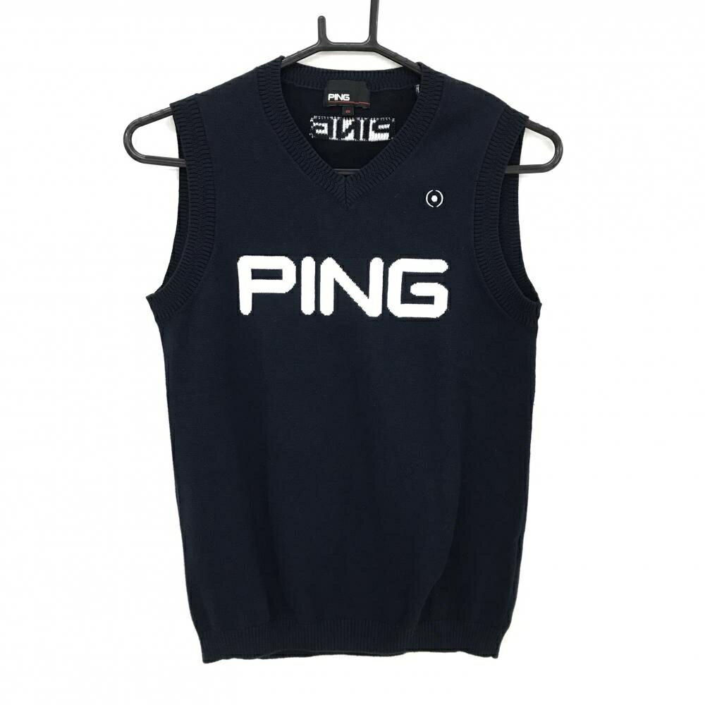 【超美品】ピン ニットベスト ダークネイビー×白 フロントロゴ Vネック レディース M ゴルフウェア PING
