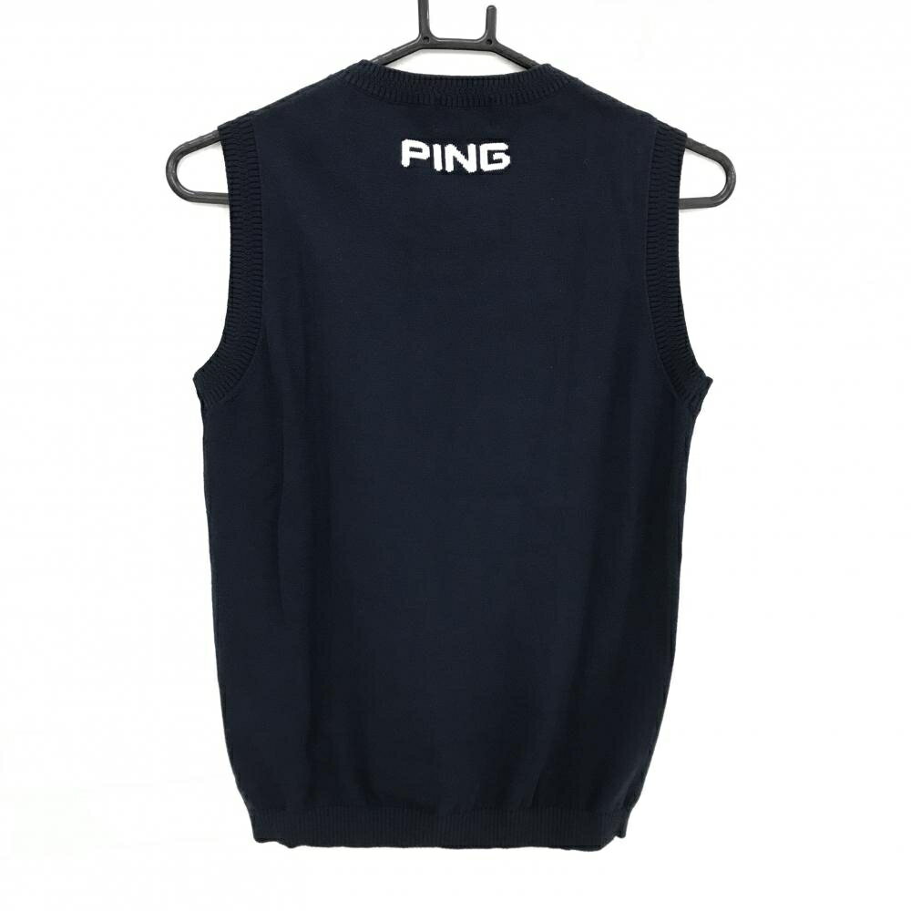 【超美品】ピン ニットベスト ダークネイビー×白 フロントロゴ Vネック レディース M ゴルフウェア PING
