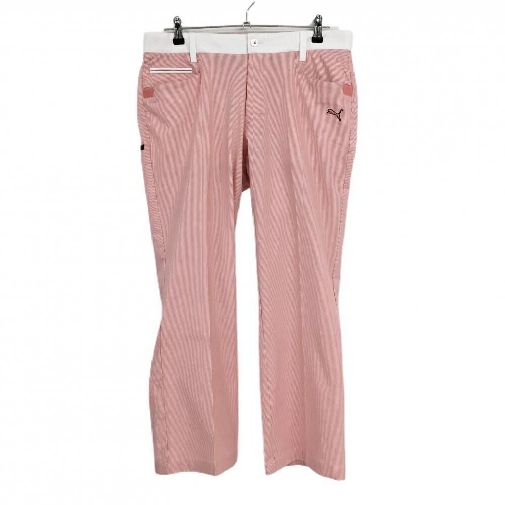 【美品】プーマ パンツ 白×サーモンピンク ストライプ ダイヤ柄地模様 ロゴ刺しゅう メンズ 85 ゴルフウェア PUMA