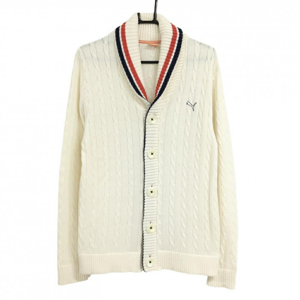 【当店ポイント5倍！2月1日限り】【超美品】プーマ ニットカーディガン 白×ネイビー 襟ライン ウール混 メンズ O(XL) ゴルフウェア PUMA