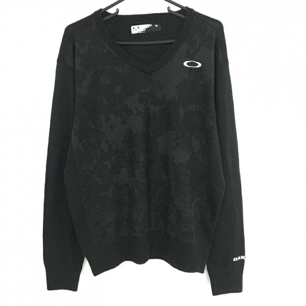 【美品】オークリー セーター 黒 前身頃総柄 Vネック ウール混 ニット メンズ XL ゴルフウェア Oakley