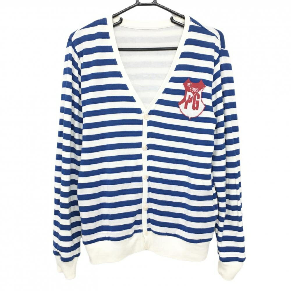 パーリーゲイツ ニットリバーシブルカーディガン 白×ブルー 腹部アーガイル柄 裏ボーダー レディース ゴルフウェア PEARLY GATES