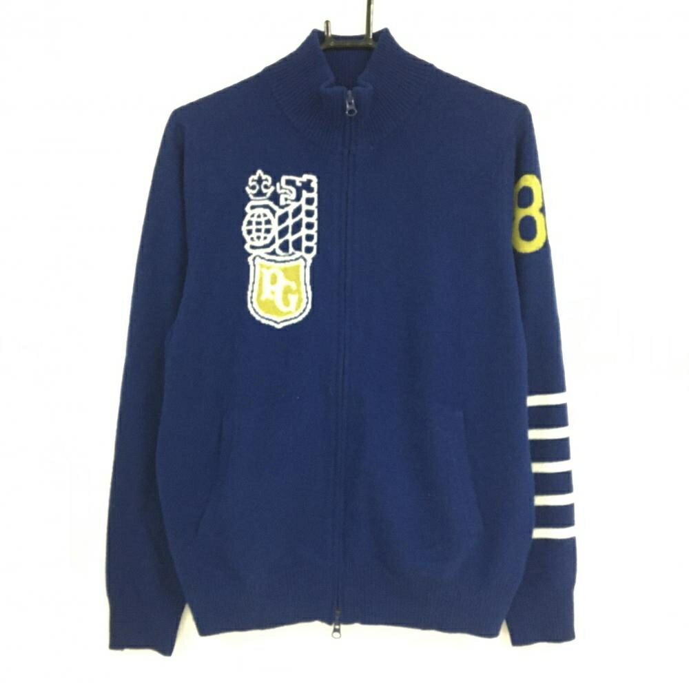【美品】パーリーゲイツ ニットジャケット ネイビー系×白 袖一部ボーダー カシミヤ100％ メンズ 4(M) ゴルフウェア PEARLY GATES