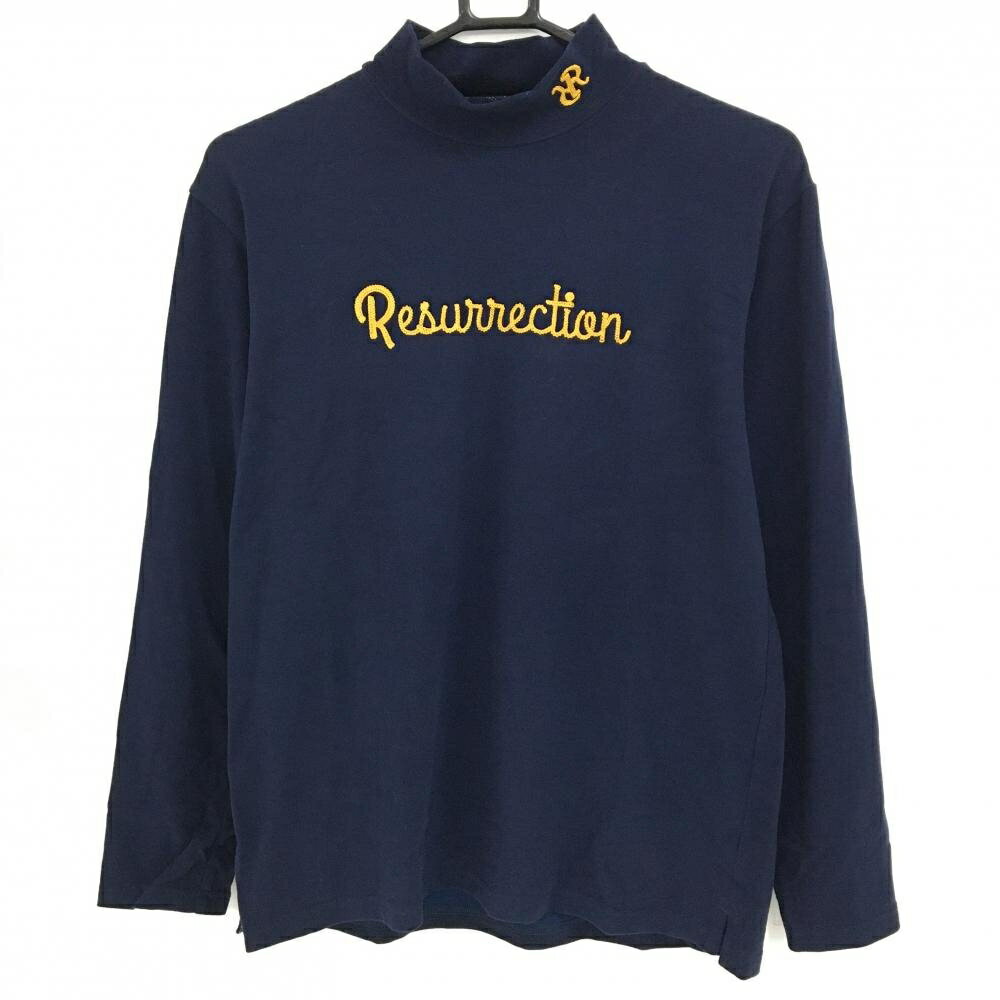【美品】レザレクション 長袖ハイネックシャツ ネイビー 表微起毛 アクリル混 ロゴ刺しゅう メンズ M ゴルフウェア Resurrection