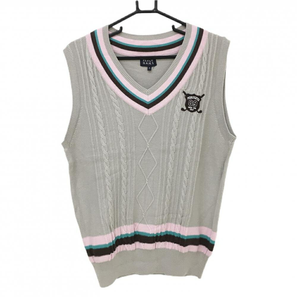 【美品】パーリーゲイツ ニットベスト ベージュ×ピンク 前面ケーブル編み コットン100% メンズ 5(L) ゴルフウェア PEARLY GATES