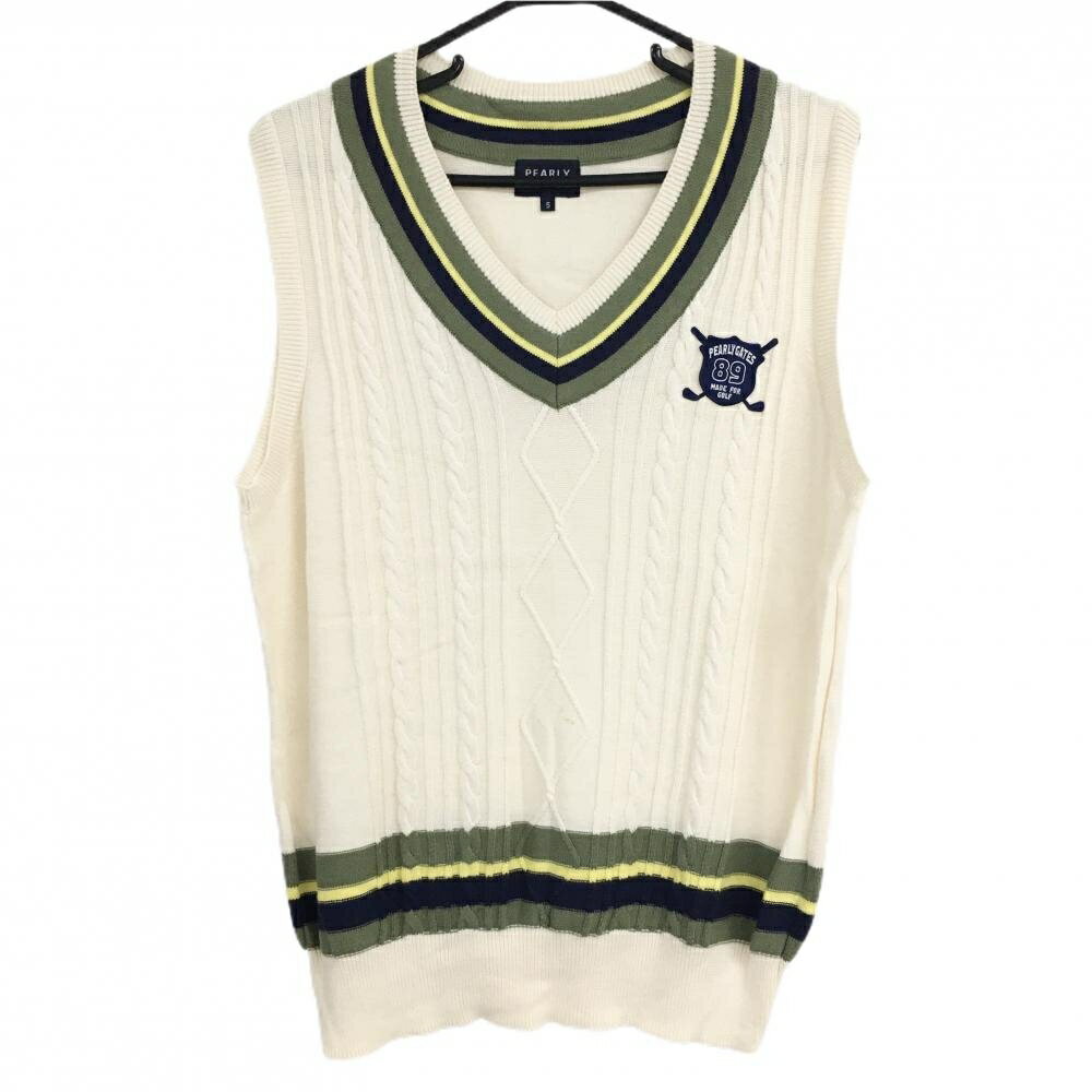 パーリーゲイツ ニットベスト アイボリー×カーキ 前面ケーブル編み コットン100% Vネック メンズ 5(L) ゴルフウェア PEARLY GATES