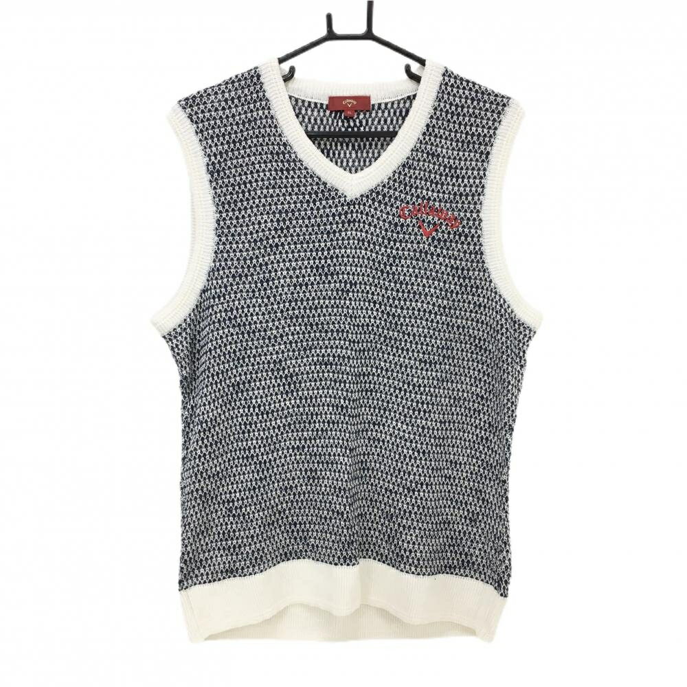 【超美品】キャロウェイ レッドレーベル ニットベスト 白×ネイビー 総柄 麻混 メンズ LL ゴルフウェア Callaway