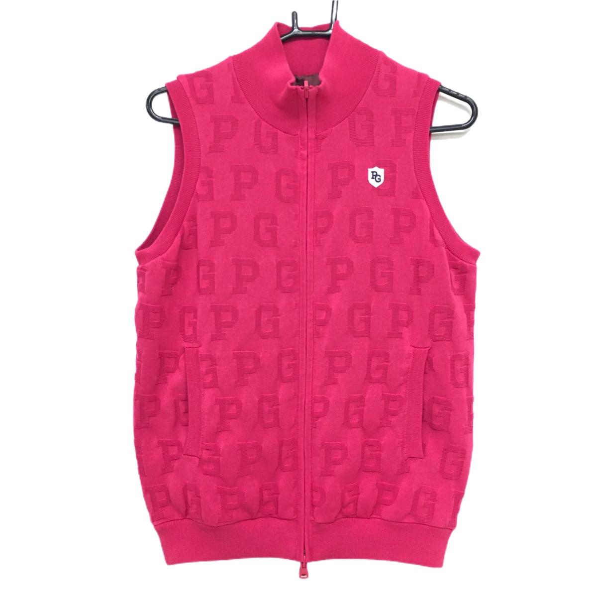 【超美品】パーリーゲイツ リバーシブルアウターベスト レッドピンク ニット ジップ ロゴ総柄 レディー..