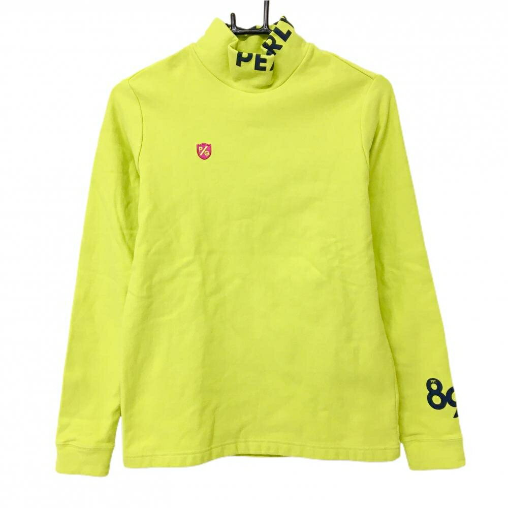 【美品】パーリーゲイツ 長袖ハイネックシャツ イエロー×ネイビー ネックロゴ 裏起毛 レディース 1(M) ゴルフウェア PEARLY GATES(4.0)