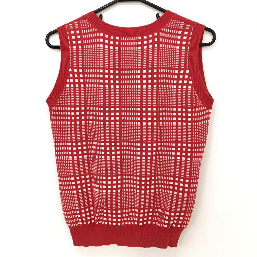 ダンスウィズドラゴン ニットベスト レッド×シルバー フロントロゴ 後ろチェック レディース 3(L) ゴルフウェア Dance With Dragon