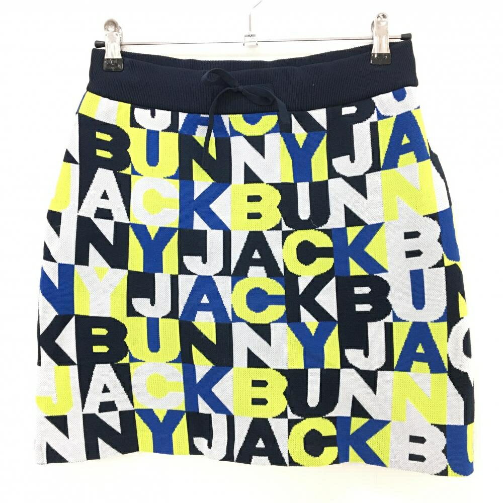 Rakuten - ジャックバニー ニットスカート 白×ネイビー×イエロー系 英字総柄 レディース 2(L) ゴルフウェア Jack Bunny